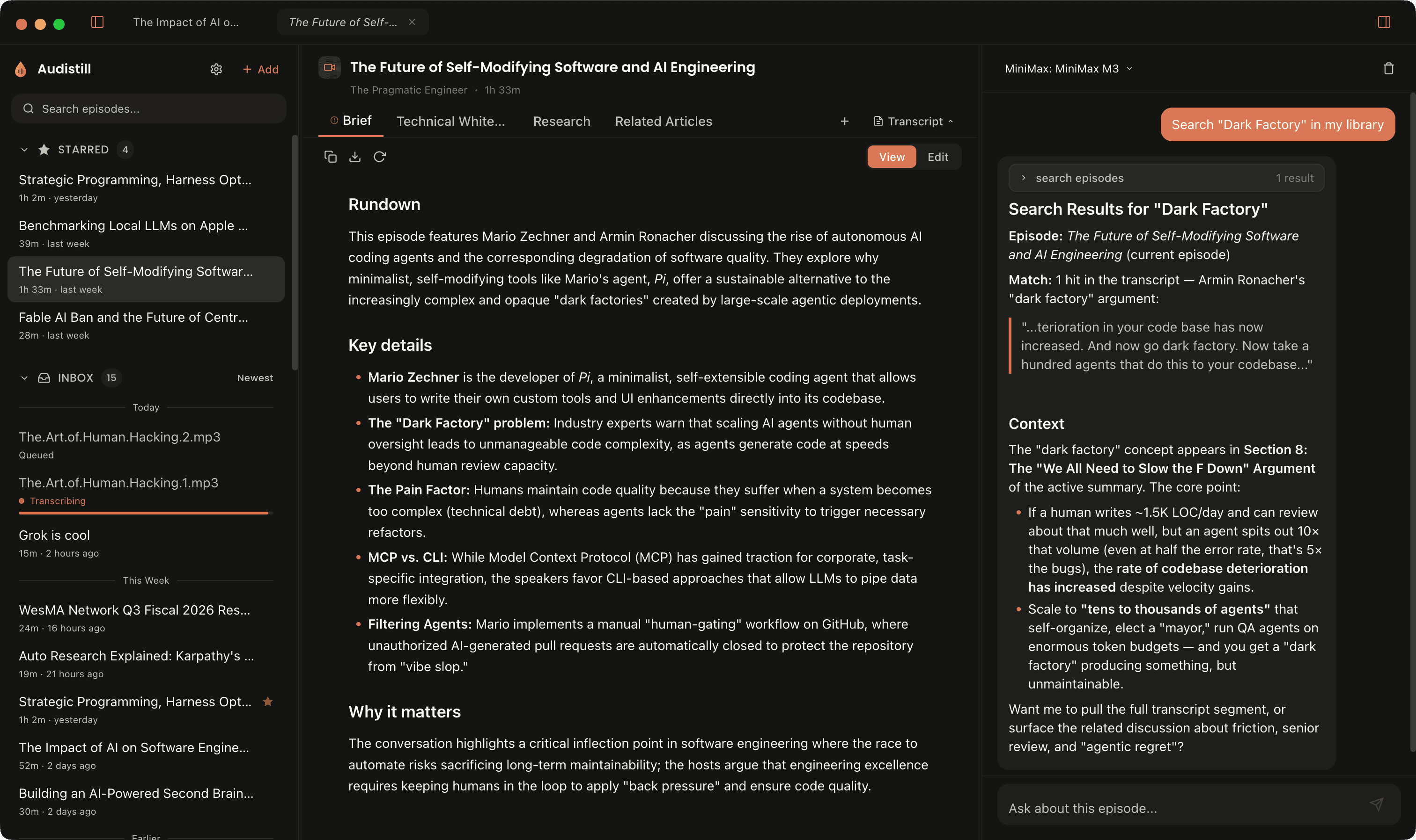 Audistill app showing podcast episode brief with AI-powered search and transcript analysis